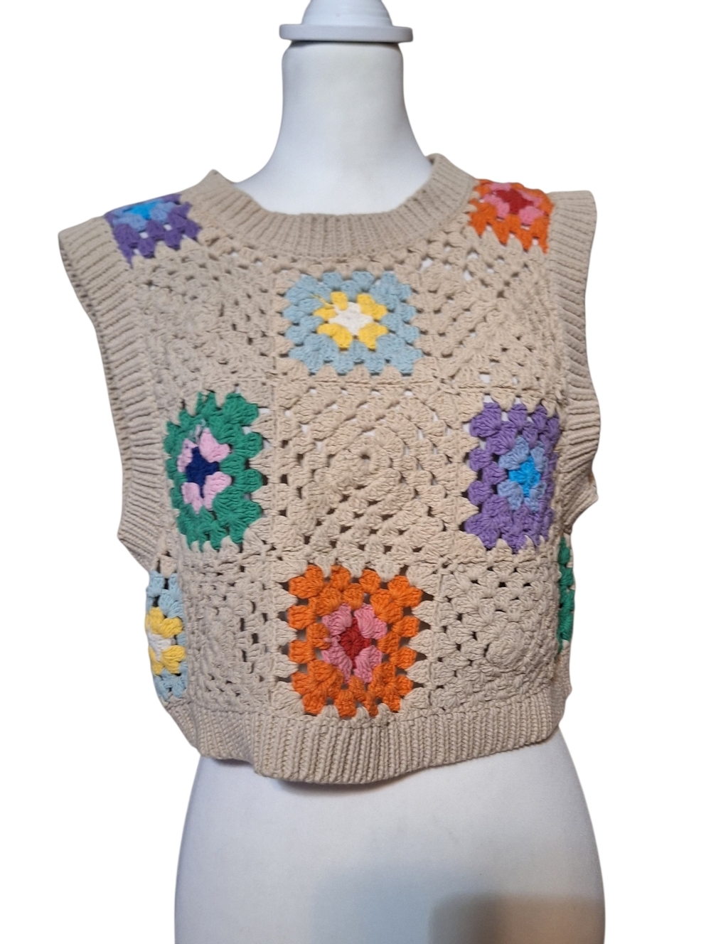 ASOS Womens M Granny Square Crochet Top Festival Boho 70s Grandma Cottage 90d